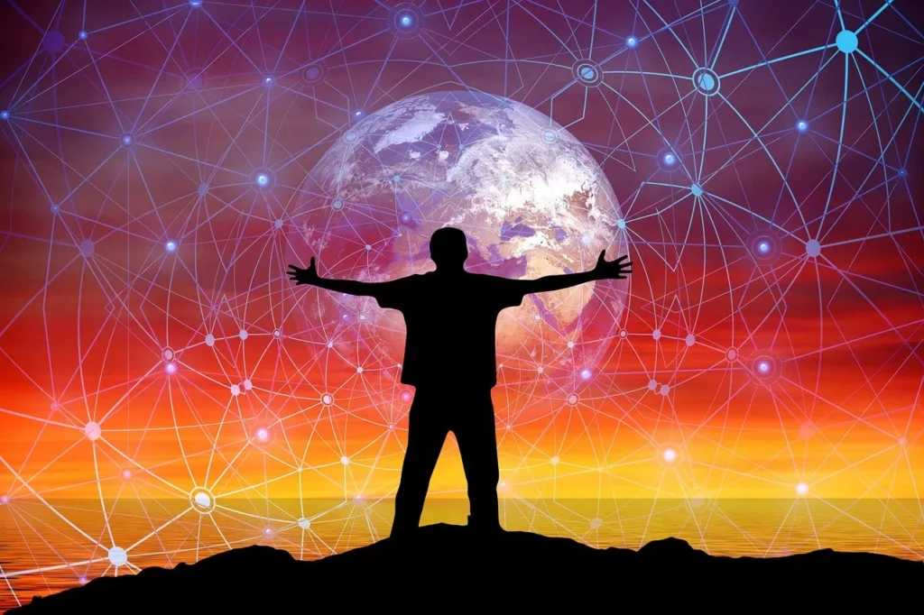 Person with arms raised before a starry network sky