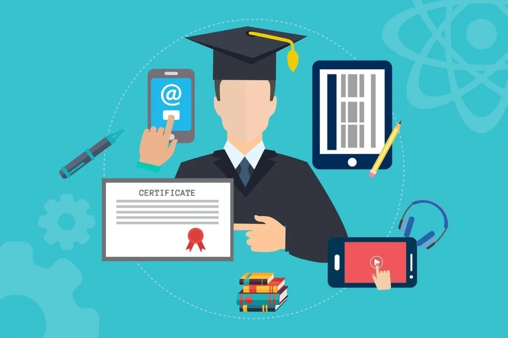 Graduate using online education on a smartphone and laptop